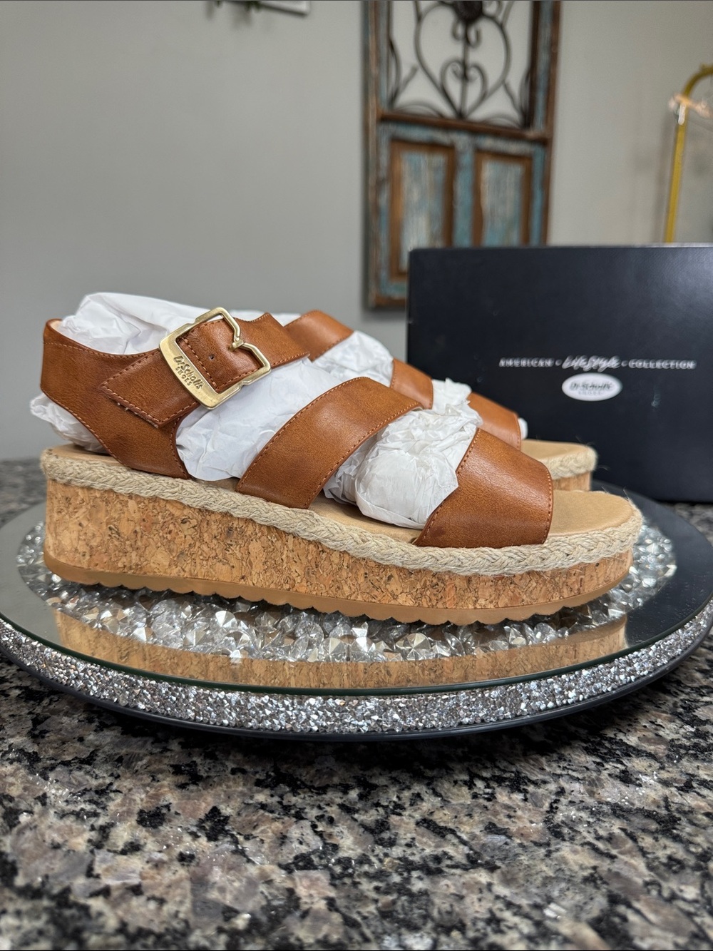 Dr. Scholl's Ellie honey Cognac Platform Cork Sandal with Gold Buckle NEW 9